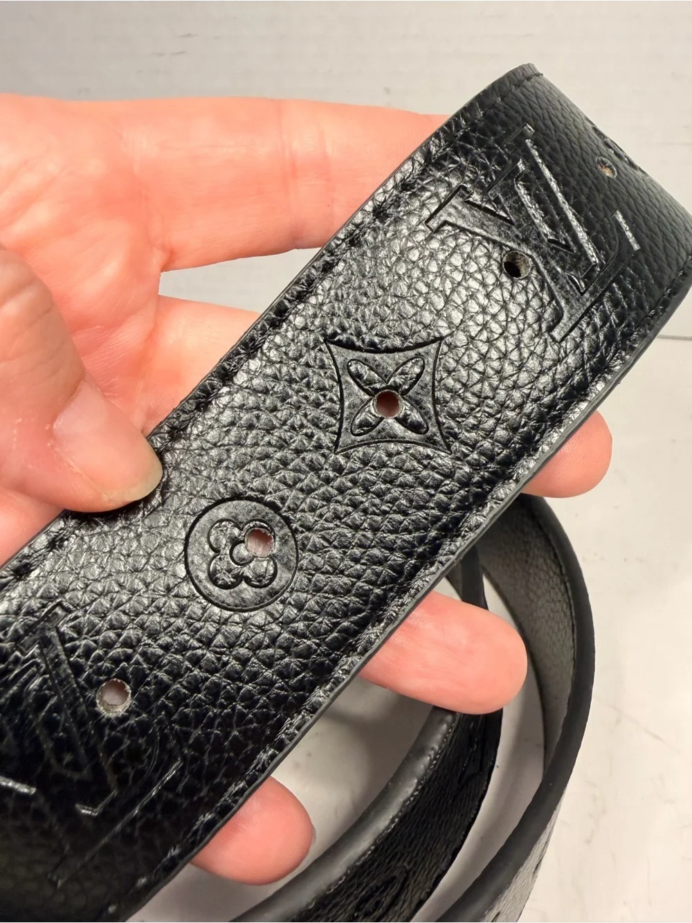 Louis Vuitton Monogram Embossed Black Leather Belt with Matte Black LV
